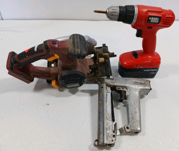 (1) Chicago Eletric Circular Saw (1) Black & Decker Drill & 18V Battery (1) Paslocle Pneumatic Nail Gun