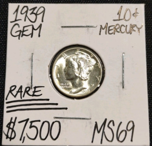 1939 MS69 Rare Gem Silver Mercury Dime