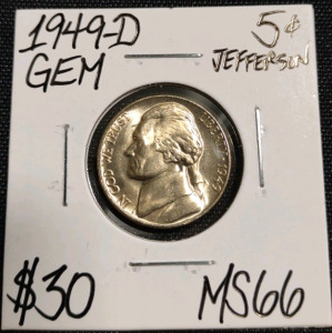 1949-D MS66 Gem Vintage Jefferson Nickel