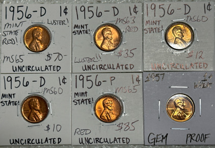 (6) Wheat Pennies: (4) 1956-D Mint State Uncirculated (1) 1956-P Mint State Uncirculated (1) 1956 Gem Proof