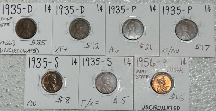 (7) Wheat Pennies: (2) 1935-D (2) 1935-P (2) 1935-S (1) 1956-P