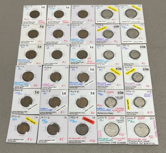 (30) Carded Pennies, Nickles, Dimes, And Quarters Dated Between 1927-2006. Some Brilliant Uncirculated, Misaligned Die Errors