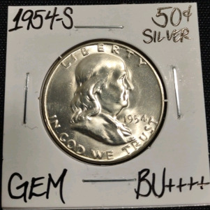 1954-S Gem BU++++ Gem Silver Franklin Half Dollar