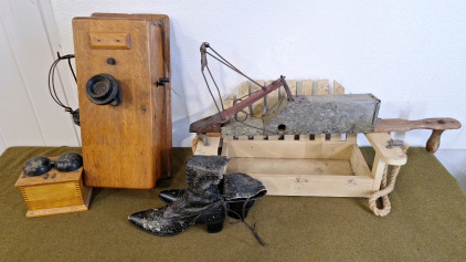 (1) Vintage, Telephone W/Bell & 5-Bar Crank Dynamo Generator, (1) Vintage, Seed Planter & More