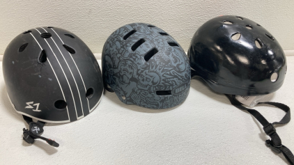 (3) Skateboard Helmets (2) Ski goggles