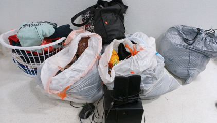 (7) Bags/Laundry Basket of Men/Boy's & Women/Girl's Clothing & Shoes - Random & Assorted (1) Computer Speakers & Subwoofer - 3.5mm Jack