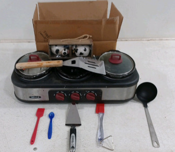 (1) Bella Buffet Style Crockpot (1) Box of Kitchen Utensils