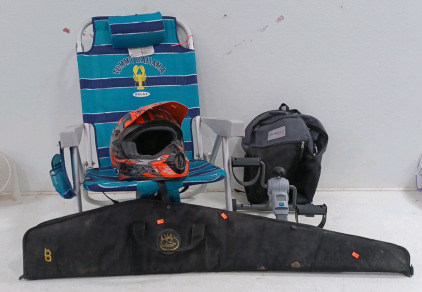 (1) Gun Case - Soft - Size L (1) Tommy Bahama Relax Lawn Chair (1) HJC Bike Helmet - XL (1) Underdesk Eliptical (1) Unhinged Jansport Backpack