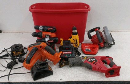 (1) DrillMaster Drill w/ Battery (1) B&D Drill - No Battery (1) Hypertough Drill w/ Battery & Charger (1) DeWalt Drill w/ 2 Charger Bays (1) Skil SawZaw (1) B&D FireStorm (1) SkilSaw (1) Milwaukee Charging Bay