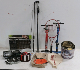 (1) Truth Cam 35 (1) Floodlight (1) Wilson Pro 110 Teenis Racket (1) Set of 2 "Rack Pack" Roof Rack Attachments (2) Sports Hand Pump - Bell - Serfas Airbones (21) Electrical Sockets (11) Electrical Switches (1) Pair of Gloves - Forearm High (1) Poker Set 