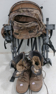 (1) Cabela's Hunting Backpack (1) Boots - Men's 11 (1) Pro Rack Boke Rack for Car
