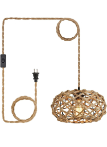 (1) Plug in Pendant Light, Hand-Woven Rattan Cage Basket Hanging Lamp with 15FT Hemp Rope Cord On/Off Switch Boho Coastal Hanging Light Fixture for Dining Room Hallway Bedroom, UL Listed