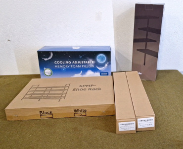 (1) Cooling, Adjustable Memory Foam Pillow, (1) Shoe Rack, (1) Countertop Corner Shelf & (2) Over Door Hook Kits