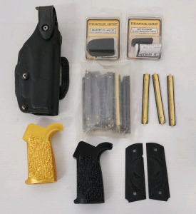 Glock 17 Holster, (2) Glock Grip Extensions, AR 3D Printed Grips, 5.56/.223 Mag Strippers, & 1911 3D Printed Grips