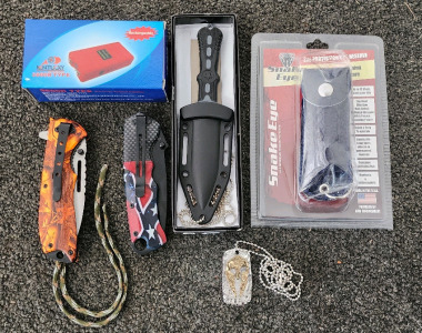 (2) Pocket Knives, (1) Straight Blade, Stun Gun, & Pepper Spray