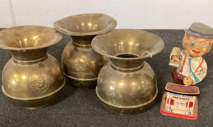 (3) VINTAGE BRASS SPITTOON, 1 VINTAGE CHARLEY WEAVER BARTENDER.