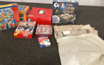 MAD GAB, SCATTERGORIES, CLUE, OH RATS PUZZLE GAME, BATTLESHIP GRAB AND GO, SCRABBLE MILK CHOCOLATE EDITION (**BEST BY DATE 6-1-22**) PHASE 10 CARD GAME, 3 PILLOW CASES.