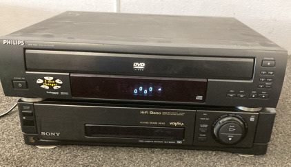 SONY VCR PLUS (UNTESTED NO POWER CORD). PHILIPS 5 DISC DVD PLAYER TESTED DOES TURN ON).