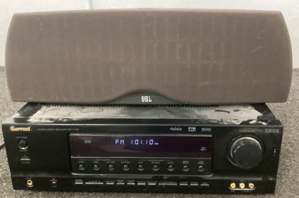 SHERWOOD AUDIO/VIDEO RECEIVER RD-7100 (TESTED DOES TURN ON), JBL CENTER SPEAKER (UNTESTED).