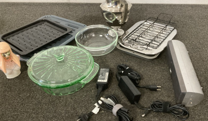 BROILER PANS, GLASS DISHES VINTAGE TEA POT, LENOVA LAPTOP CHARGER, HP LAPTOP CHARGER, AND MORE PLEASR INSPECT.