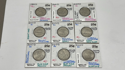 (9) Collectible Quarters Dated Between 1999-2015 BU,AU, AU+ (Carded And Unidentified)