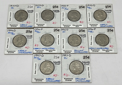 (10) Collectible Washington Quarters Dated Between 1977-1997 AU, BU, XF+, VF+ (Carded And Identified)