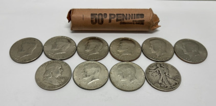 (1) Roll Of 50 Lincoln Wheat Pennies(6) Bicentennial Half Dollars, (1) 1963 Half Dollar, (1) 1965 Half Dollar