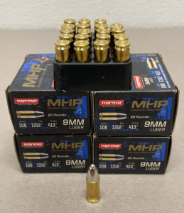 (80) Rounds Norma MHP 9mm Luger 108 Grain Ammunition Cartridges