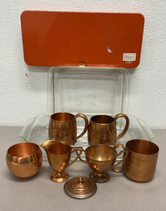 (2) Pyrex Casserole Pans, (7) Copper Cups, (1) Vintage Sears Ted Williams Gun Cleaning Kit