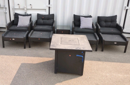 PatioJoy Full Set of (4) Black Patio Lounge Chairs w/ Foot Rests, Padding & (1) Propane Fireplace