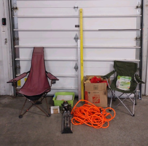 (2) Camping Chairs, Penny Tiles & Rectangle Tiles, (2) Long Straight Edge Rulers, 20 Ton Bottle Jack & More!