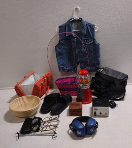 11"x 5½" Jelly Belly Bean Dispenser, Orange Woven Purse, Jean Vest w/out Sleeves, Biltmore Co. Tiny Cooler & More!