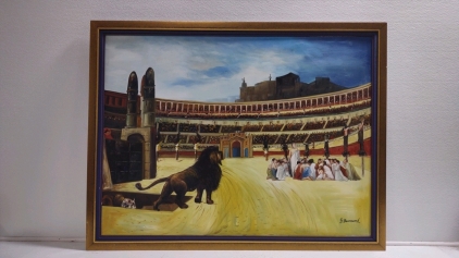 Vintage Oil Painting Titled "Feed Them to the Lions!" By G.Bannard