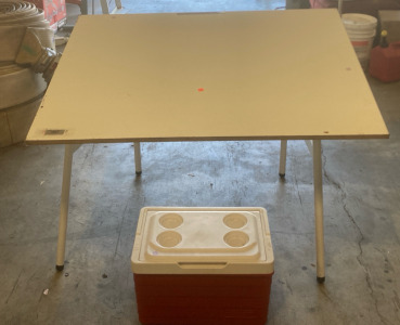 (1) 3’x4’ White Folding Art Table (1) Red Igloo Cooler