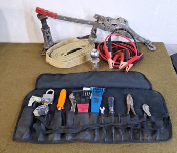 (1) Come A Long, (1) Tow Strap, (1) 2" Hitch Ball, (1) Pair Of Jumper Cables, (1) Bottle Jack & (1) Tool Roll W/ Assorted Hand Tools