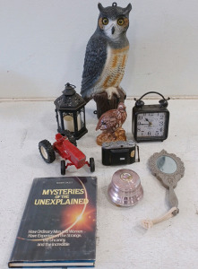 (1) Antique Balda Camera (1) Owl Decoy (1) Music Platform - Angel's Serenade (1l Stone Handheld Mirror (1) Farm-Mart Metal Toy Truck and More!!