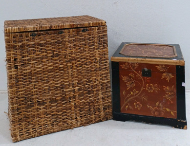 (1) Decorative Chest (1) Wicker Hamper Basket w/ Lid on Hinges