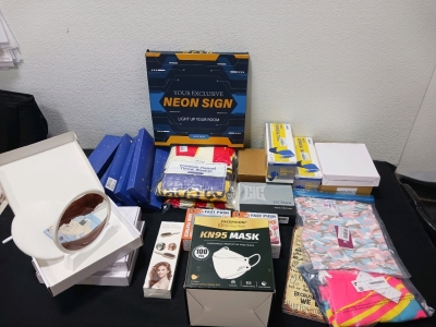 1 Neon Sign 1 Box KN95 Masks 2 boxes Surgical Tape and more.