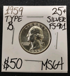 1959 MS64 Type B FS-901 Silver Washington Quarter