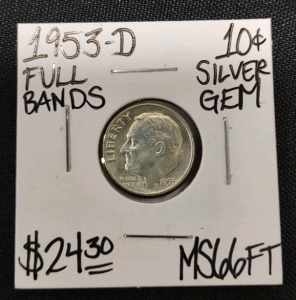 1953-D MS66FT Full Bands Gem Silver Dime