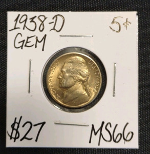 1938-D MS66 First Year Gem Jefferson Nickel.