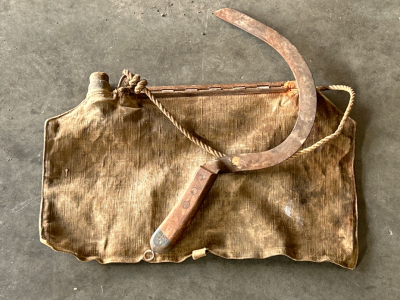 Vintage Farm Sickle Tool and Canvas Water Bag