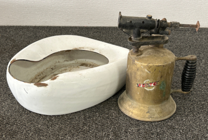 Antique Brass Torch and Metal Enamel Urinal Bed Pan