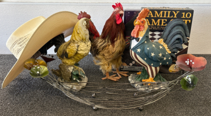 (3) Rooster Decorations, Family Game Set, Cowboy Hat, And Flower Rack Decor
