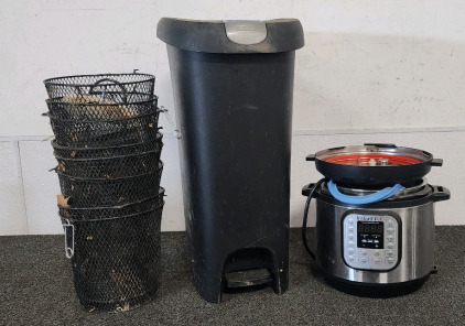 Instant Pot (Untested), Hefty Trash Can With Lid, (8) Metal Baskets