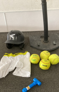 BATTING TEE, BATTING HELMET, (4) SOFT BALLS, ERNIE PARKERS WRIST SNAPPER, FRANKLIN SPORTS YOUTH SLIDDING SHORTS.