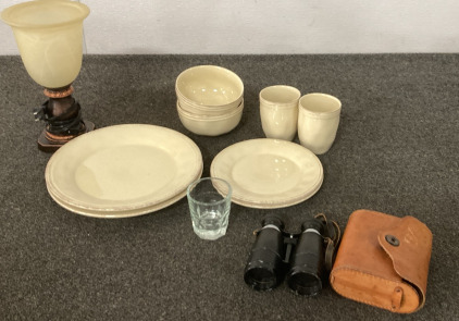 8 PIECE DISHES SET, VINTAGE STYLE LAMP (TESTED DOES WORK), VINTAGE BINOCULARS WITH LEATHER CASE.