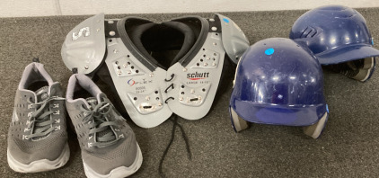 (2) BATTING HELMETS, YOUTH SHOULDER PADS, SIZE 11.5 SKECHERS MEMORY FOAM SHOES.