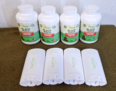 (4) eSquared Nutrition 180-Capsule Bottles , Of 1000Mg Black Maca Supplement & (4) 2.65 Oz Sticks Of NATIVE, Key Lime & Sugar Deodorant