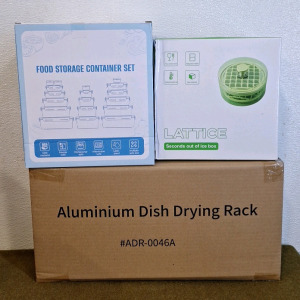 (1) Food Storage Container Set, (1) Ice Cube Tray Kit & (1) Aluminum Dish Drying Rack